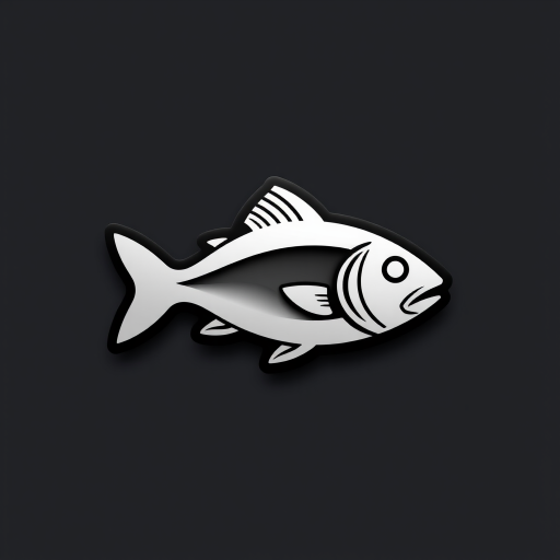 Create a high-resolution image of a stylized fish icon, using a DSLR camera with a 50mm lens, f/1.8 aperture, ISO 100, in a flat lay view, ensuring a smooth gradient from black to gray for a sleek, modern look.