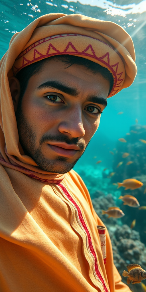 Realistic selfie image of a Sahrawi, wearing a vintage outfit, detailed dreamy eyes, droopy hooded eyes, staring at the camera, taken underwater at coral reef with a sunbeam filtering through the water, vibrant, summer vacation, natural lighting, turtle and school of tropical fish with vibrant colors, rendered in the style of CryEngine, Pegi Nicol MacLeod, with realistic genre scenes, hauntingly beautiful narratives, ultra-realism, and Thomas Saliot's close-up technique, 8K resolution, crystal clear and sparkling water.