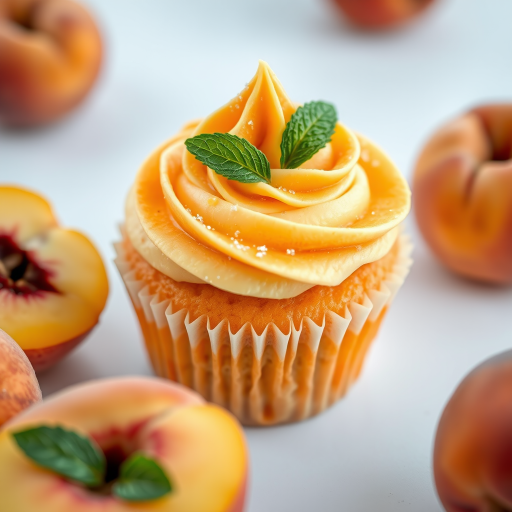 A close-up of a delicious cupcake with a peach and cream filling, topped with swirls of yellow and orange frosting, garnished with edible glitter and mint leaves, surrounded by fresh peaches on a white surface.