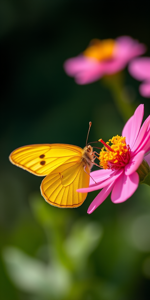 Capture a close-up shot of a yellow butterfly on a vibrant pink flower, using a DSLR camera, 85mm f/1.8 lens, aperture set to f/2.8, ISO 200, shutter speed 1/500 seconds, with a shallow depth of field for a soft background blur, natural sunlight for illumination.
