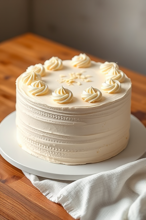 Create an image of a round white cake with smooth icing and decorative swirls on the top and bottom edges set on a white plate on a wooden table with a soft cloth beside it. The cake should have a textured finish on the sides and be topped with small white chocolate shavings. The background should be softly blurred to emphasize the cake.