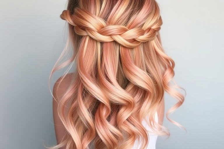 Romantic rose gold waves styled in the "Blush Cascade" half-up fishtail braid, long flowing layers with soft pink undertones, face-framing pieces gently curled, subtle copper highlights adding warmth, dreamy ethereal appearance