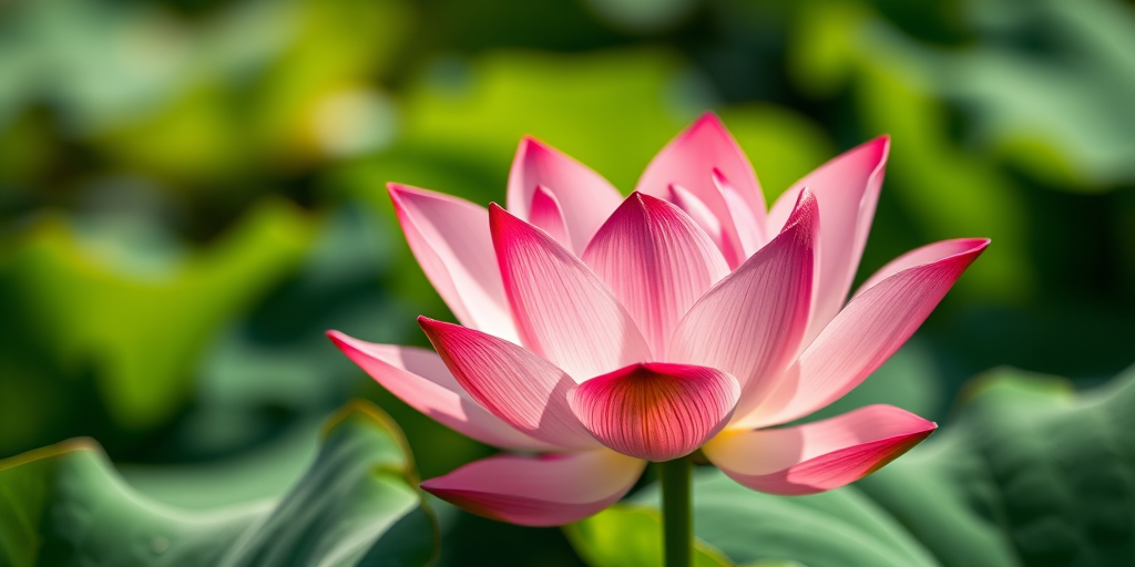 lotus flower in soft focus with lush green leaves, natural light, f/2.8 aperture, 50mm lens, 1/100s shutter speed, DSLR camera, macro photography style