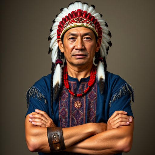 Create a dignified portrait of a Native American man dressed in traditional attire. He wears a beautifully crafted headdress adorned with white feathers and red beads, along with a beaded headband featuring intricate patterns. His clothing includes a deep blue, patterned shirt and a traditional chest piece with detailed beadwork. His arms are crossed, displaying leather armbands decorated with feathers. The background is simple and neutral, emphasizing his proud and stoic expression. The overall image captures the rich cultural heritage and strength of his persona.