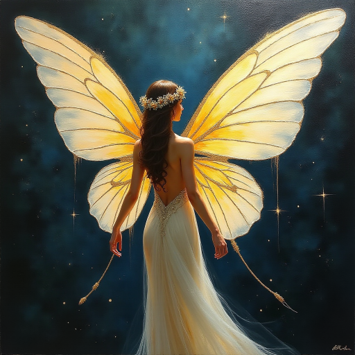Palette knife oil painting, featuring a an elegant feminine fairy with enormous translucent wings, high contrast, impasto texture, with chiaroscuro and dramatic shadows and shining Gold Foil highlights