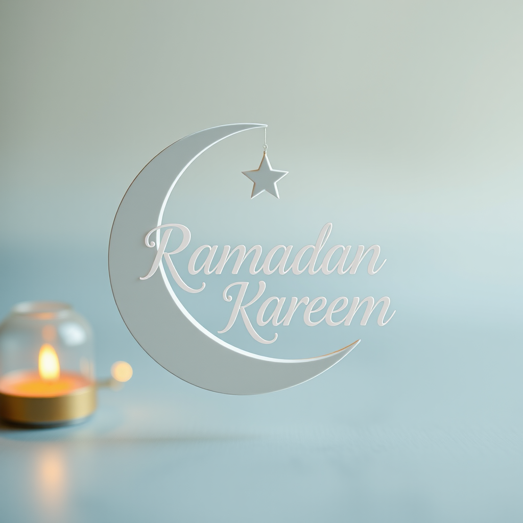 Create an elegant Ramadan greeting card featuring a 3D crescent moon and a star, with the text "Ramadan Kareem" in stylish calligraphy, using a Canon EOS R5 with a 50mm lens at f/1.8, ISO 100, and a shallow depth of field, with soft lighting for a serene atmosphere.