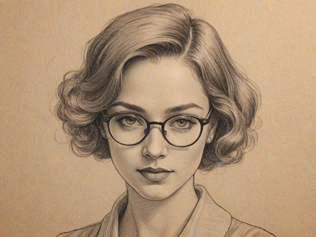 Delightful Dasha Polanco, pencil sketch, portrait of Enchanting woman 1927s in glasses, hair style beatnik, outline, clear lines, fine lines, 8k