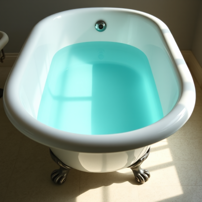 A vintage freestanding bathtub filled with clear blue water, captured with a DSLR camera at f/2.8, 1/60 sec, ISO 100, from a low-angle view, using natural light for a soft, inviting atmosphere.