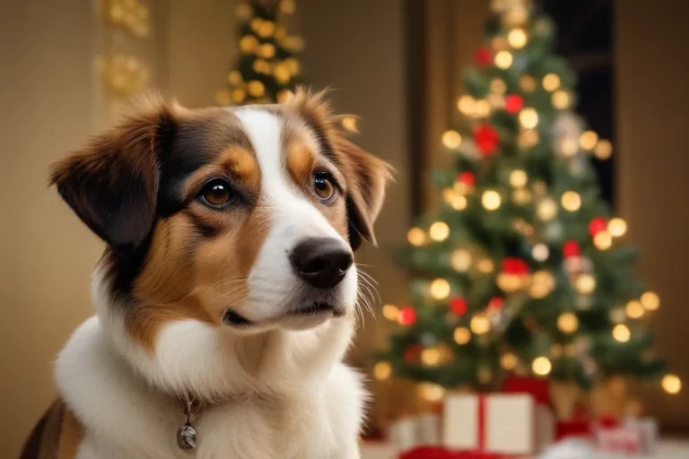 Adorable Dog Sitting in Front of a Beautiful Christmas Tree