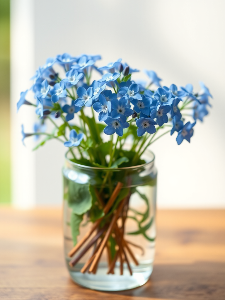 regenerate a still life painting of forget-me-nots in a glass vase with a focus on vibrant blue flowers and green foliage, use a 50mm lens with f/2.8 aperture, soft natural lighting, capture in a high-resolution DSLR format
