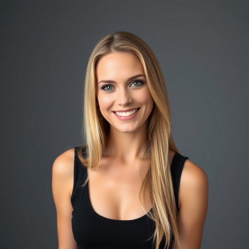 portrait of a confident woman with long blonde hair smiling in a fitted black tank top, neutral gray background, soft lighting, DSLR camera, 50mm lens, f/1.8 aperture, ISO 200, 1/200s shutter speed, natural skin tones, focus on facial features