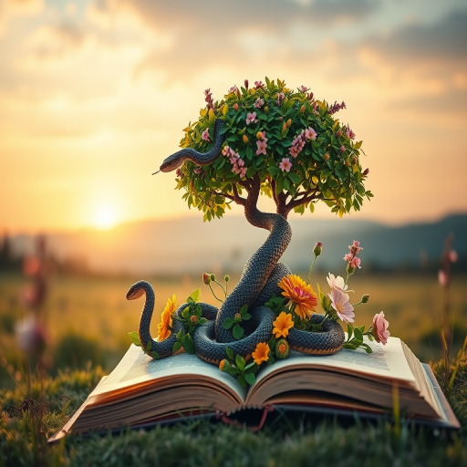 Create an image of a realistic snake intertwined with a vibrant tree and blooming plants emerging from an open book in a serene natural landscape at sunset, captured with a DSLR camera, f/8 aperture, ISO 100, 24mm lens, using a soft focus style for enhanced depth and detail.