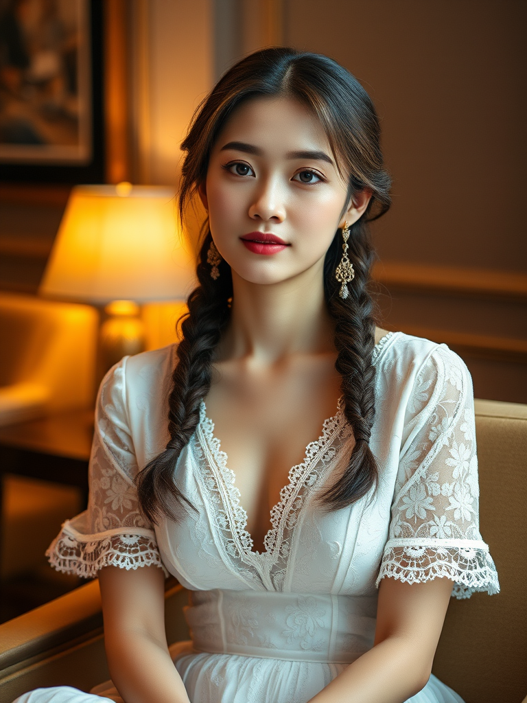 Create a portrait of a refined and elegant Korean woman seated in a sophisticated setting. She has long, wavy hair styled in two thick braids that are pulled over her shoulders. She wears a white, lace gown with intricate patterns, featuring a deep V-neckline and short sleeves. The dress exudes a vintage charm with its delicate lacework. She is adorned with ornate, dangling earrings that add a touch of glamour to her appearance. The background is softly lit, with warm, ambient lighting that creates a cozy and inviting atmosphere. Her expression is poised and serene, capturing a sense of grace and elegance.
