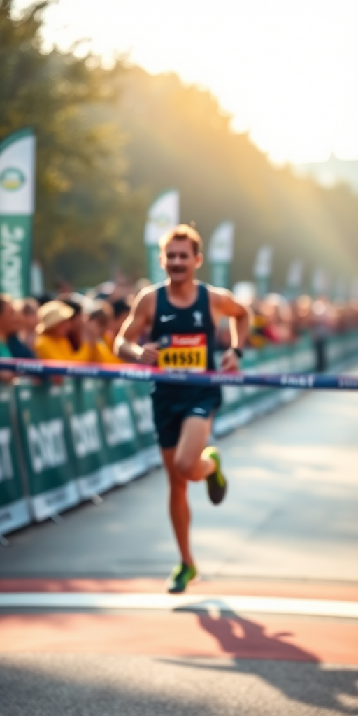 Blurry action shot of a runner crossing the finish line at a marathon, with spectators cheering in the background, soft sunlight illuminating the excitement of the moment.