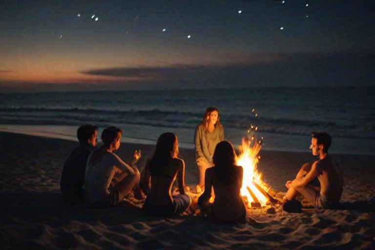 Warmly lit image of a group of friends gathered around a bonfire on a beach, soft glow from the flames casting warm shadows on their faces, distant stars twinkling in the night sky, and the sound of laughter and waves filling the air.