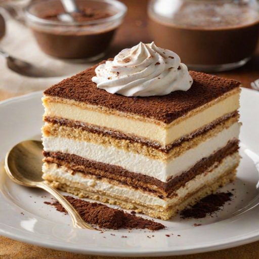 Generate an image of a layered dessert resembling tiramisu. The dessert should have multiple visible layers of cream and sponge, topped with cocoa powder and a dollop of whipped cream. It should be served on a white plate with a gold spoon beside it. The background should be neutral and softly lit to enhance the dessert's appearance.