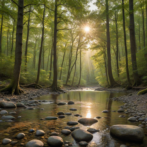 Create an image of a serene, sunlit forest scene with a clear, gently flowing river. Tall trees with lush green foliage line both sides of the river, their leaves bathed in the warm golden light of the setting or rising sun. The sunlight filters through the trees, casting soft, dappled light on the river, which flows over smooth rocks and pebbles, creating a peaceful, natural atmosphere. The sky is bright with a few scattered clouds, and the overall mood is tranquil, evoking a deep sense of connection with nature. The image captures the beauty of a calm, pristine forest landscape at either dawn or dusk.