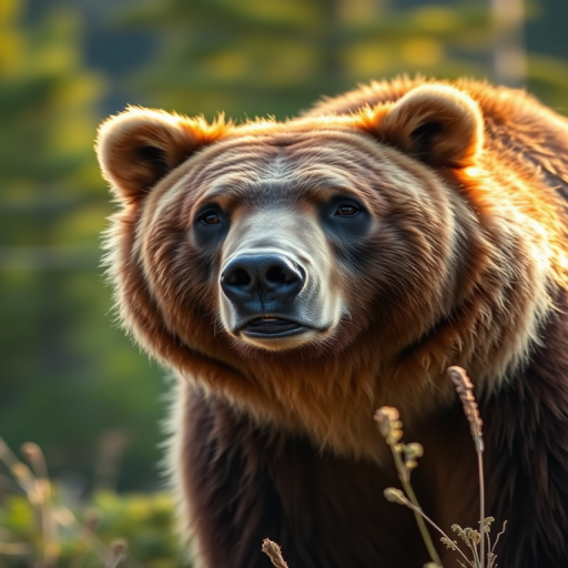 A close-up of a grizzly bear in its natural habitat with soft morning light, aperture set to f/2.8 for shallow depth of field, ISO 200 for clarity, captured with a DSLR camera using a 70-200mm lens at 100mm, ensuring high detail and vibrant colors.