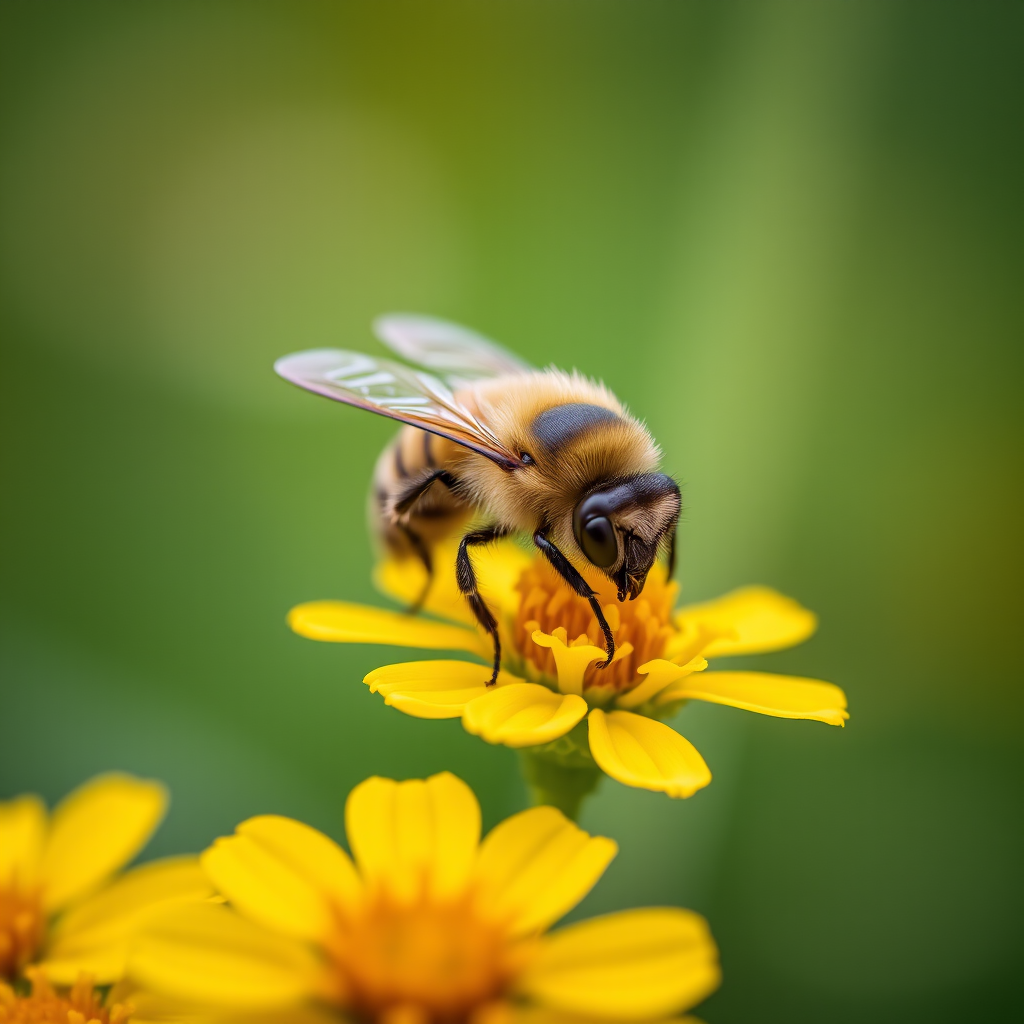 macro shot of a bee on yellow flowers with a shallow depth of field, 100mm f/2.8 lens, ISO 200, 1/200 sec, natural light, DSLR camera with a focus on intricate details and vibrant colors