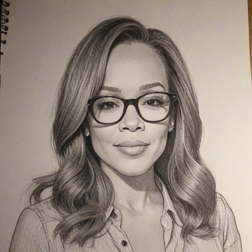 Elegant Sunny Hostin, pencil sketch, portrait of Wonderful woman 1975s in glasses, hair style beatnik, outline, clear lines, fine lines, 8k