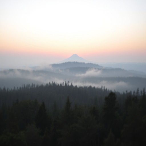 capture a serene sunrise over a misty forest with a distant mountain peak, soft pastel colors in the sky, focus on lens blur and depth of field, use a DSLR camera with a 50mm lens at f/2.8, shutter speed 1/100s, ISO 100, shoot from a high vantage point for a panoramic view