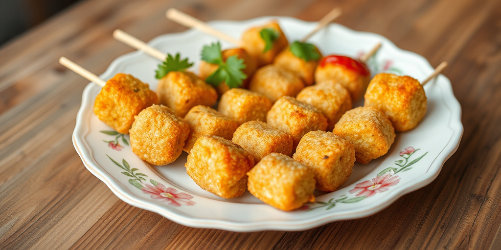 capture a high-quality image of skewered breaded appetizers on a decorative white plate with a floral design, using a DSLR camera, 50mm lens, f/2.8 aperture, ISO 100, and soft natural lighting for enhanced detail and texture