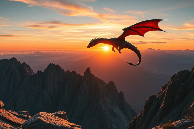 Create a detailed illustration of a mythical dragon soaring above a rugged mountain landscape during sunset, using a Nikon D850 camera with a 24-70mm f/2.8 lens, at ISO 100, aperture f/8, and a shutter speed of 1/200s, in landscape orientation for vibrant colors and sharp details.