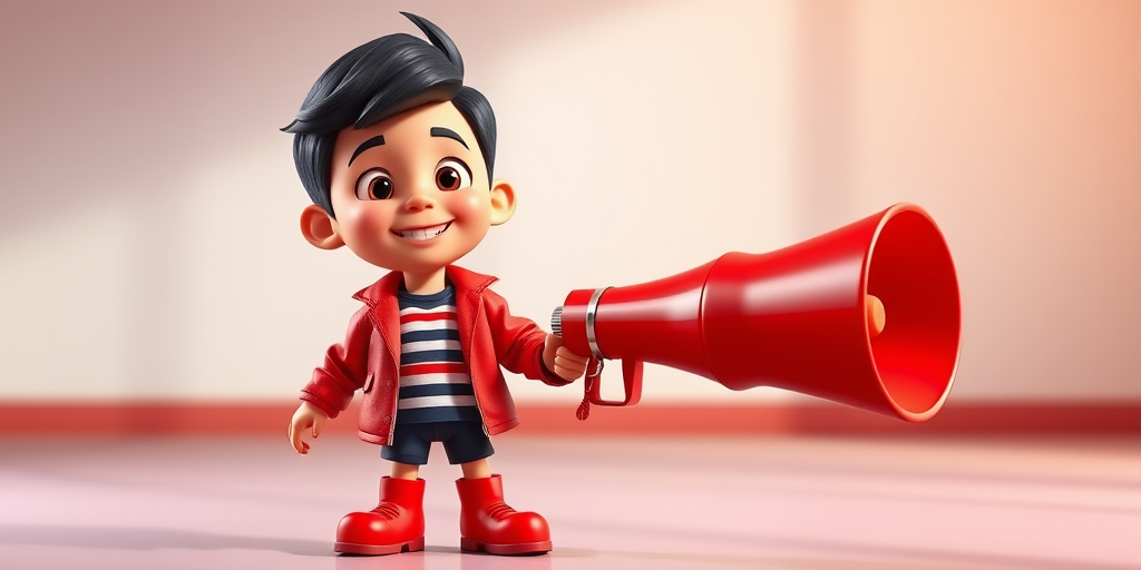 Create a vibrant and playful 3D animated character of a young boy with short black hair, wearing a bright red jacket, striped shirt, and red boots, holding a large red megaphone, in a well-lit studio with soft shadows, using a Canon EOS 5D Mark IV, aperture f/2.8, ISO 100, 35mm lens, shallow depth of field, high dynamic range.