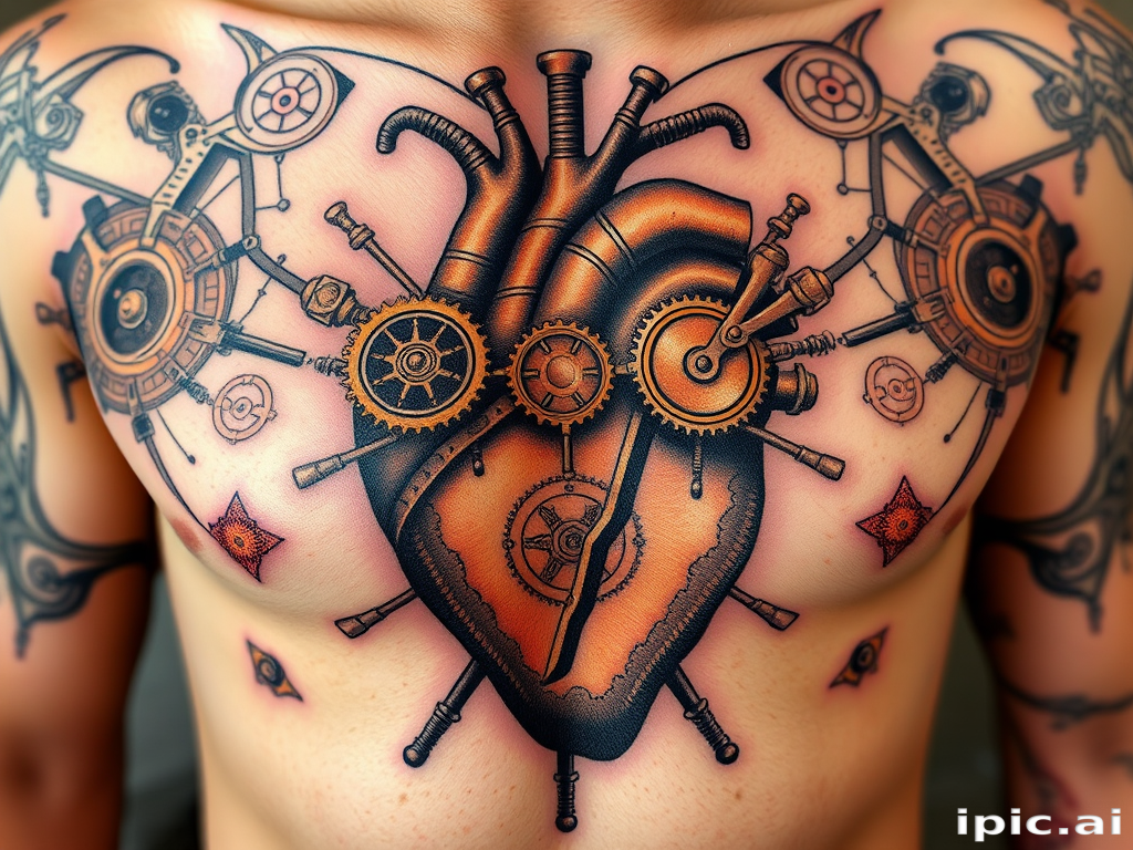 Steampunk tattoo named "Chrono Construct" featuring an intricate mechanical heart design with gears, pistons, and clockwork elements, accented with copper and brass tones, creating the illusion of a functioning steam-powered organ, suitable for chest, back, or upper arm placement