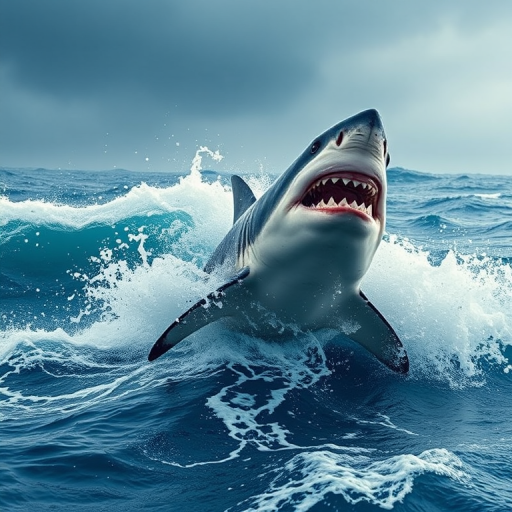 regenerate an image of a ferocious shark breaching the surface of turbulent waves, high resolution, aperture f/2.8, ISO 100, shutter speed 1/1000s, DSLR camera, wide-angle lens, vibrant colors and sharp details