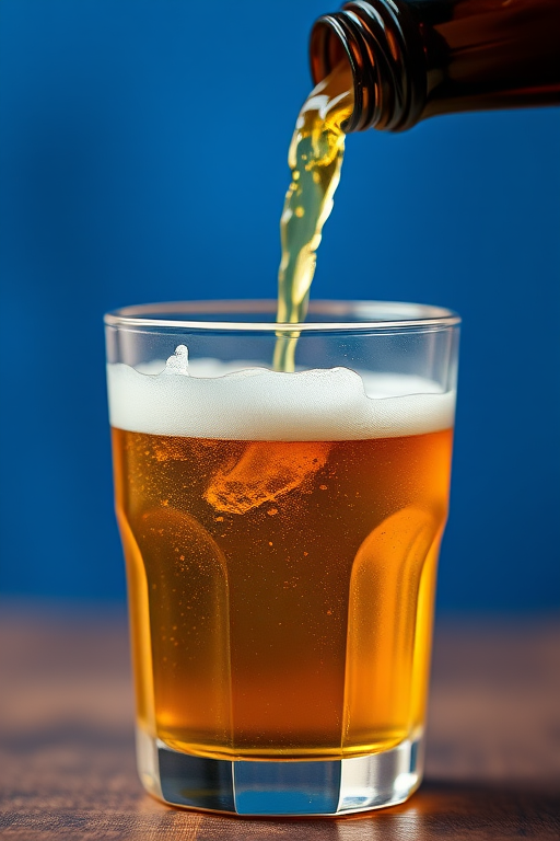 Pouring beer into a cold glass with foam spilling over, shallow depth of field, backlit with a blue background, camera settings: ISO 100, f/2.8, shutter speed 1/200s, camera type: DSLR, lens: 50mm prime, view: close-up.