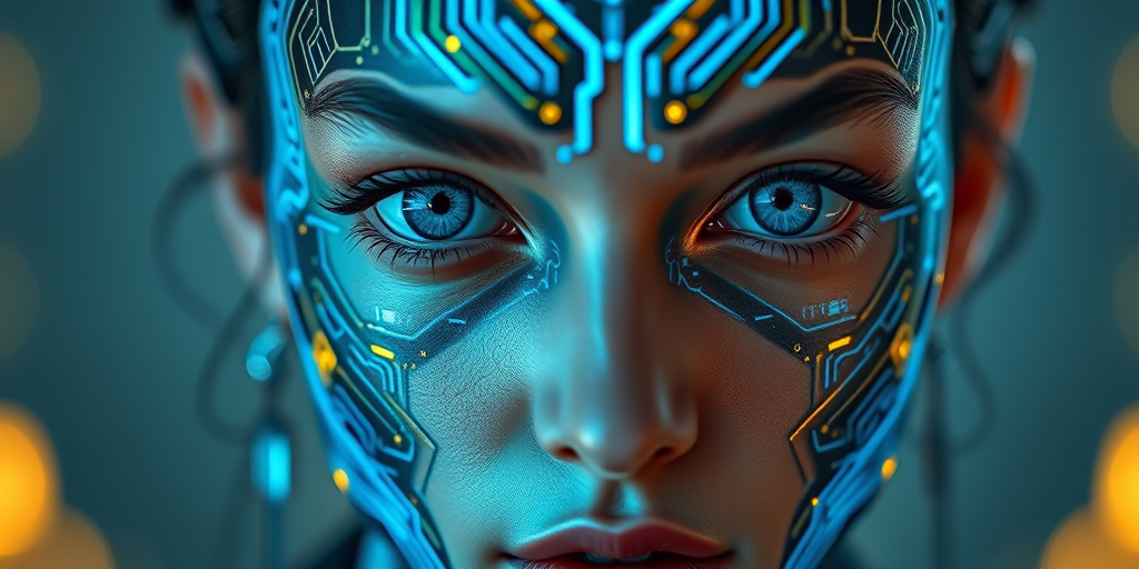 Create a hyper-realistic portrait of a futuristic woman with intricate circuit patterns on her face, glowing blue and gold accents, captured with a Canon EOS R5, 85mm f/1.2 lens, aperture set to f/1.2, ISO 100, soft lighting, and a shallow depth of field to enhance details and focus on her expressive eyes.