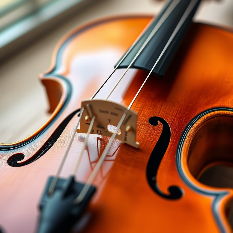 Create a high-resolution image of a violin with intricate details, using a DSLR camera, 50mm lens, f/2.8 aperture, 1/125 sec shutter speed, soft natural lighting, shallow depth of field, and a top-down view to enhance the artistic features of the instrument.