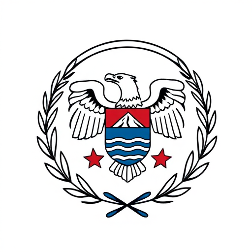 Create an image of a circular emblem featuring a stylized eagle, flanked by olive branches and a shield with a mountain and waves, using a high-resolution DSLR camera at f/8 aperture, 50mm lens, natural lighting, and a clear view against a white background.