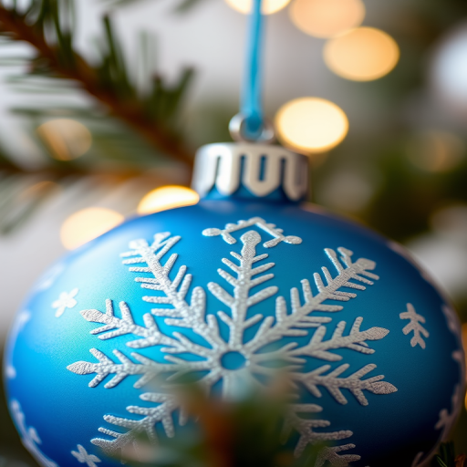Create a vibrant blue Christmas ornament with intricate white snowflake designs, using a Canon EOS 5D Mark IV, aperture f/2.8, ISO 100, 50mm lens, with a soft focus background to enhance the ornament's details and colors.