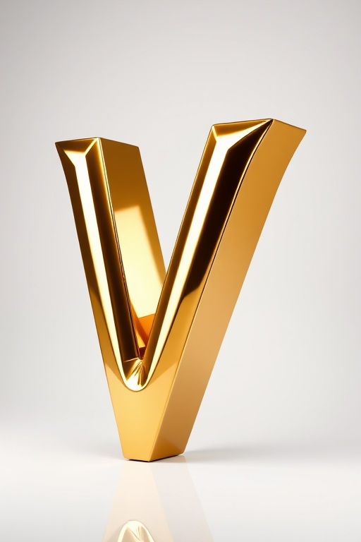 Create a high-resolution image of a shiny 3D gold letter V with reflections and highlights, shot with a DSLR camera at f/8 aperture, ISO 100, 50mm lens, in a well-lit studio setting, using softbox lighting to enhance the glossiness and depth.