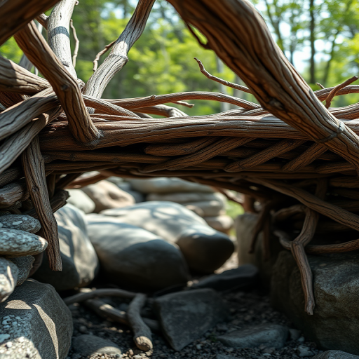 Create a detailed 3D rendering of a rustic wooden bridge made of intertwined branches and stones, shot with a Canon EOS R5 camera, using a 50mm lens at f/2.8 aperture, 1/125 sec shutter speed, and ISO 100, captured in natural light from a low-angle perspective to emphasize the texture and details of the materials.