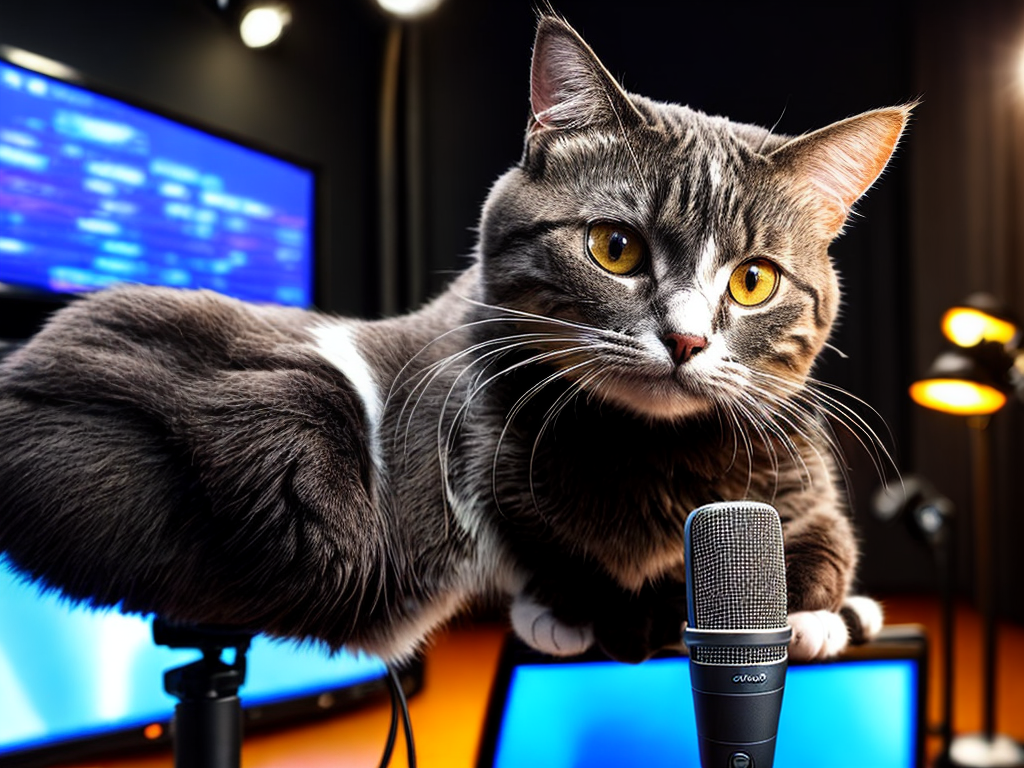 cat singing into a microphone in a recording studio with tv monitors