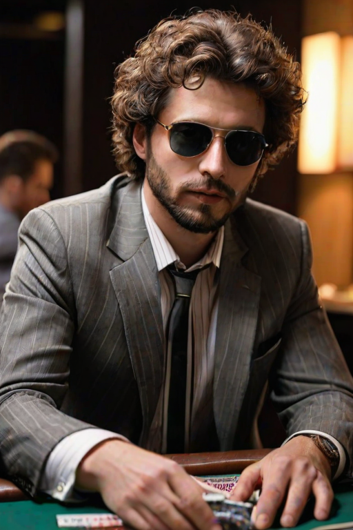 etailed edges, detailed image, perfection style, A detailed and A perfect photo of a man with sunglasses and trowing a pair of cards in his hand at camera in a poker game, hand focus, cinematic hand, best hand, better hand, awesome hand, different hand, solo, looking at viewer, brown hair, shirt, 1boy, upper body, male focus, striped, facial hair, table, sunglasses, black background, beard, curly hair, card, playing card, afro, mahjong, poker chip, mahjong tile, pinstripe suit, perfection, different color, perfect color, realistic, realism, detailed background, perfect background, different background, perfect style, perfection style, detailed style, black hair, striped clothes, black shirt, striped shirt, pinstripe pattern