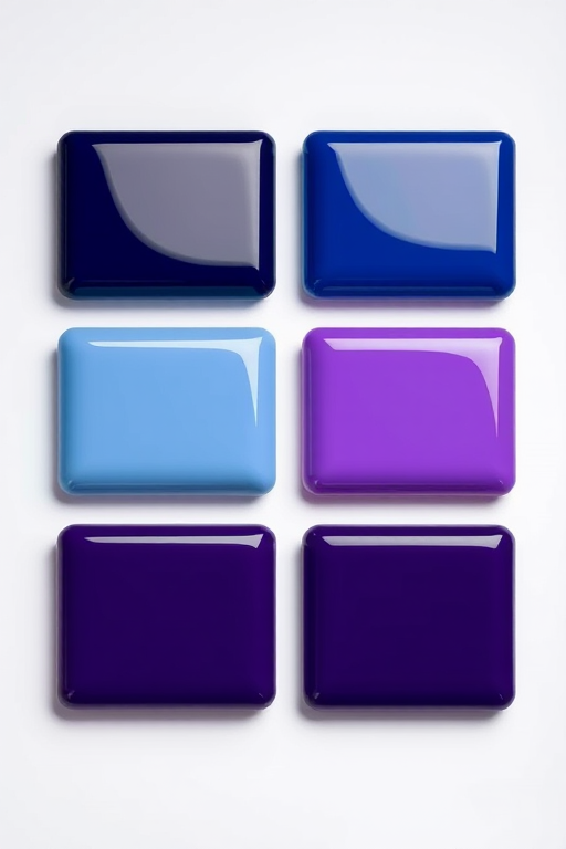 Create an image of six glossy rectangles arranged in two rows, with three rectangles in each row; the top row should have two dark blue rectangles and one light blue rectangle, while the bottom row should have two dark purple rectangles and one light purple rectangle, use a Canon EOS R5, aperture f/4, ISO 100, 50mm lens, shot from a straight-on view with studio lighting to enhance color vibrancy and surface gloss.