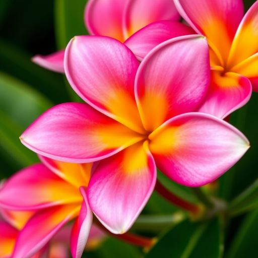 close-up of vibrant pink and yellow plumeria flowers with green leaves in the background, macro lens, f/2.8 aperture, 100mm focal length, natural lighting, DSLR camera