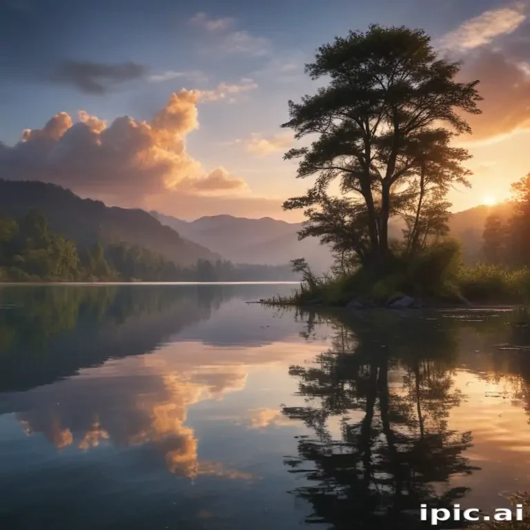Tranquil Sunset Over the Serene Lake with Reflection of Mountains