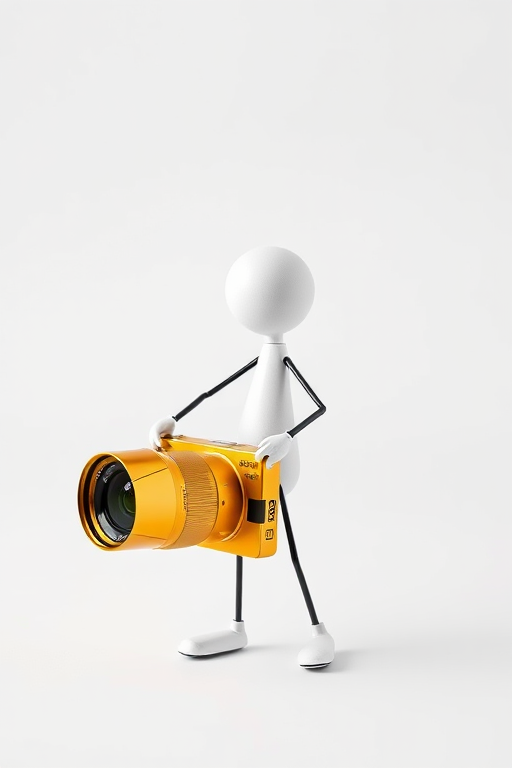 Generate an image of a 3D stick figure holding a golden camera, in a bright white background, using a Canon EOS R5 with a 50mm lens, aperture f/1.8, ISO 100, and a 1/200 sec shutter speed to enhance detail and contrast.