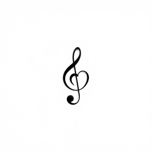 create a minimalist design of a musical treble clef with a heart incorporated into its shape on a plain white background, using a DSLR camera with a 50mm lens, aperture set to f/2.8, ISO 100, and natural light to enhance clarity and contrast