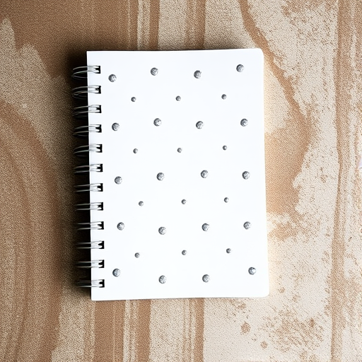 high-resolution image of a spiral notebook with metallic silver dots on a textured white and dark brown background, soft natural lighting, shot with a Canon EOS R, 50mm lens, f/1.8, 1/100s, ISO 200, top-down view for clarity and detail