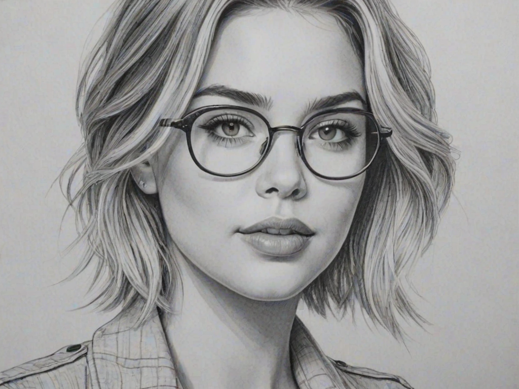 Alluring Ashley Benson, pencil sketch, portrait of Ravishing woman 1951s in glasses, hair style beatnik, outline, clear lines, fine lines, 8k
