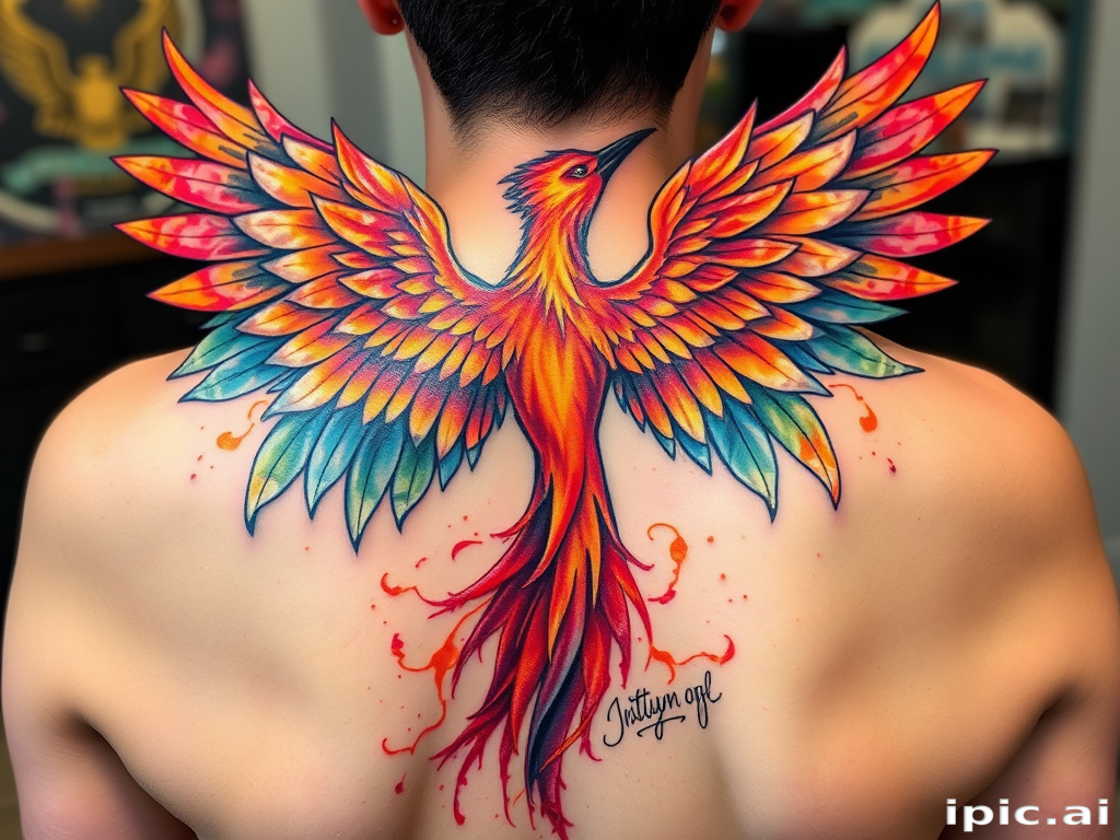 Vibrant watercolor tattoo of a majestic phoenix rising from ashes, with iridescent feathers and fiery hues, spreading its wings across the upper back, intricate details in every brushstroke