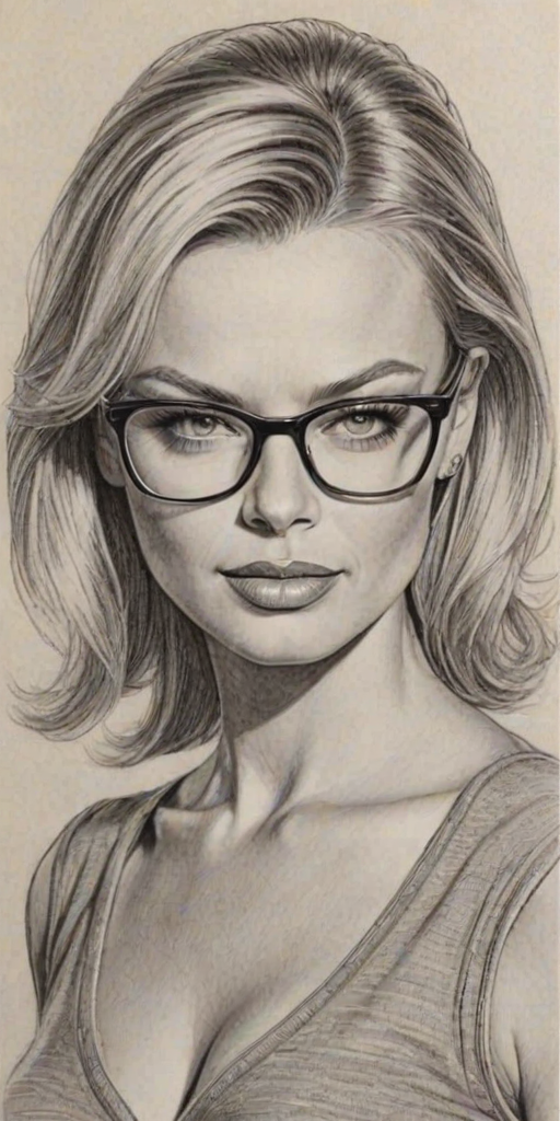 Bewitching Jamie Pressly, pencil sketch, portrait of Beauteous woman 1944s in glasses, hair style beatnik, outline, clear lines, fine lines, 8k