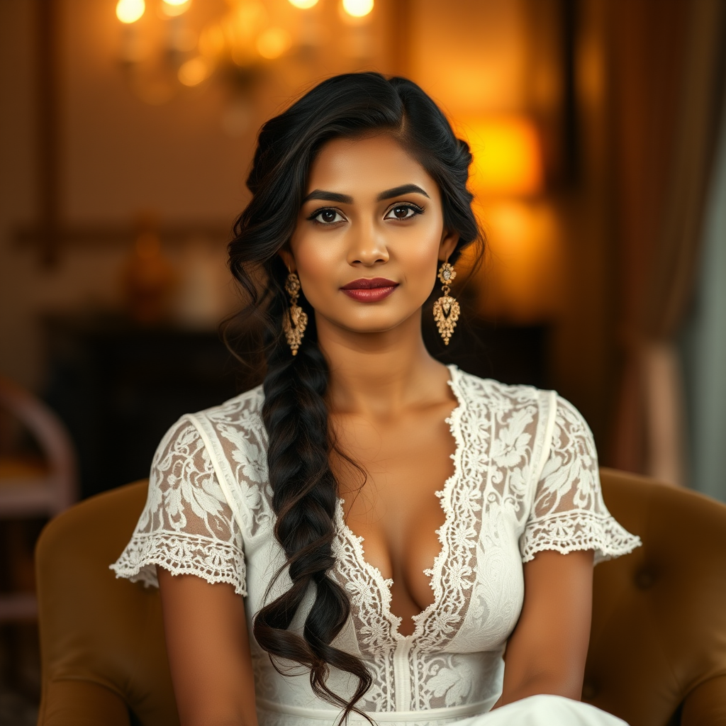 Create a portrait of a refined and elegant Nepali woman seated in a sophisticated setting. She has long, wavy hair styled in two thick braids that are pulled over her shoulders. She wears a white, lace gown with intricate patterns, featuring a deep V-neckline and short sleeves. The dress exudes a vintage charm with its delicate lacework. She is adorned with ornate, dangling earrings that add a touch of glamour to her appearance. The background is softly lit, with warm, ambient lighting that creates a cozy and inviting atmosphere. Her expression is poised and serene, capturing a sense of grace and elegance.