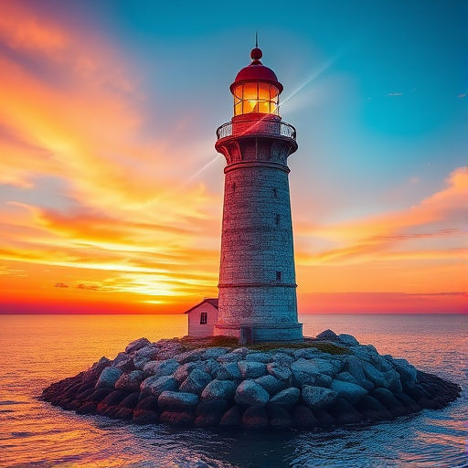 Generate an image of a tall lighthouse perched on a rocky outcrop surrounded by calm ocean waters during a breathtaking sunset. The lighthouse stands sturdy and weathered, its stone surface illuminated by the warm golden light of the setting sun. The sun's rays pass directly through the glass lantern room at the top of the lighthouse, casting a brilliant light across the scene. The sky is painted with vibrant shades of orange, pink, and purple, reflecting off the tranquil sea. The surrounding water shimmers with the same warm hues, creating a serene and majestic atmosphere.